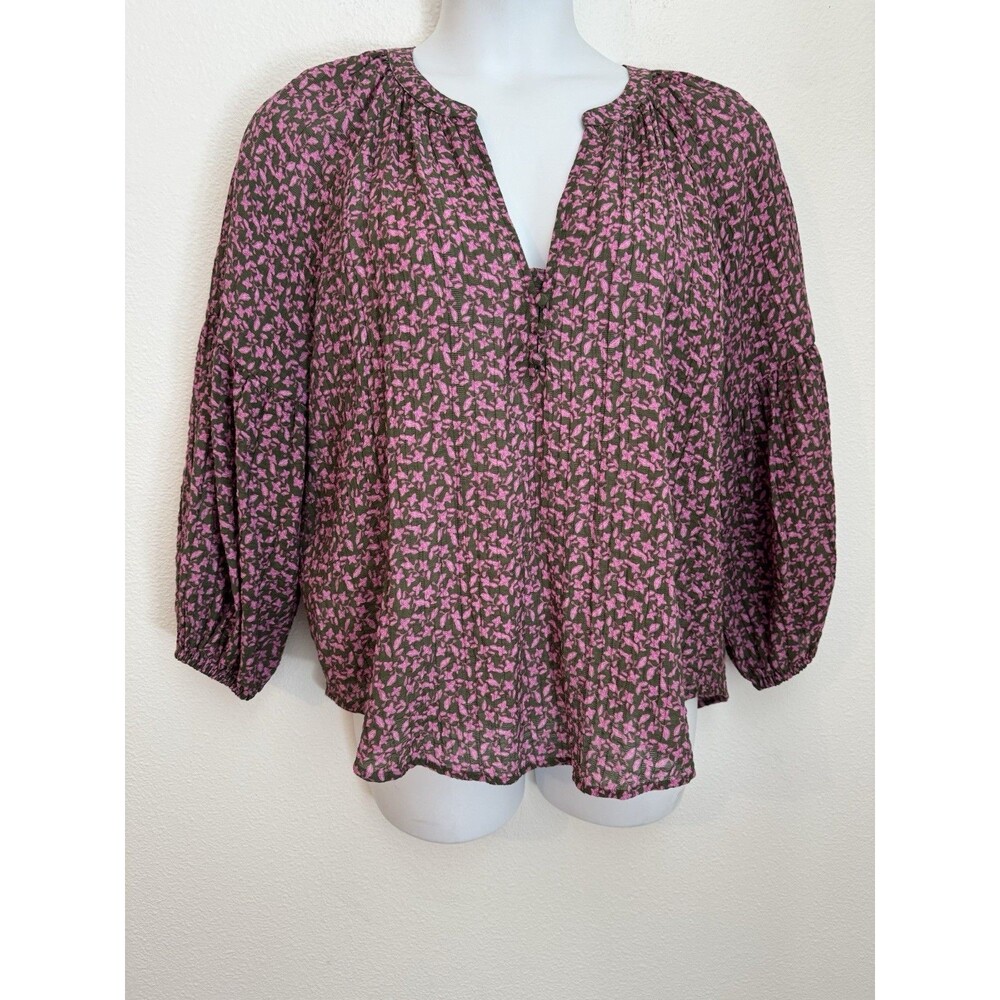 Ann Taylor LOFT Blouse L Purple Brown Popover Office Career Boho Floral